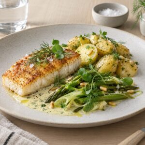 Fisk med karrysauce, æbler og porrer